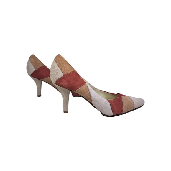 Women's Patchwork Block Suede Leather Heels Size 7M Multicolor Shoe - Picture 2 of 6